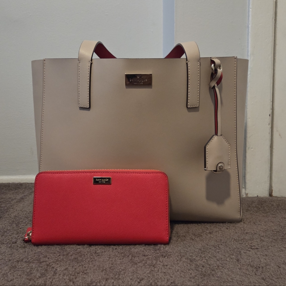Kate Spade Beige Tote Bag with Red Wallet